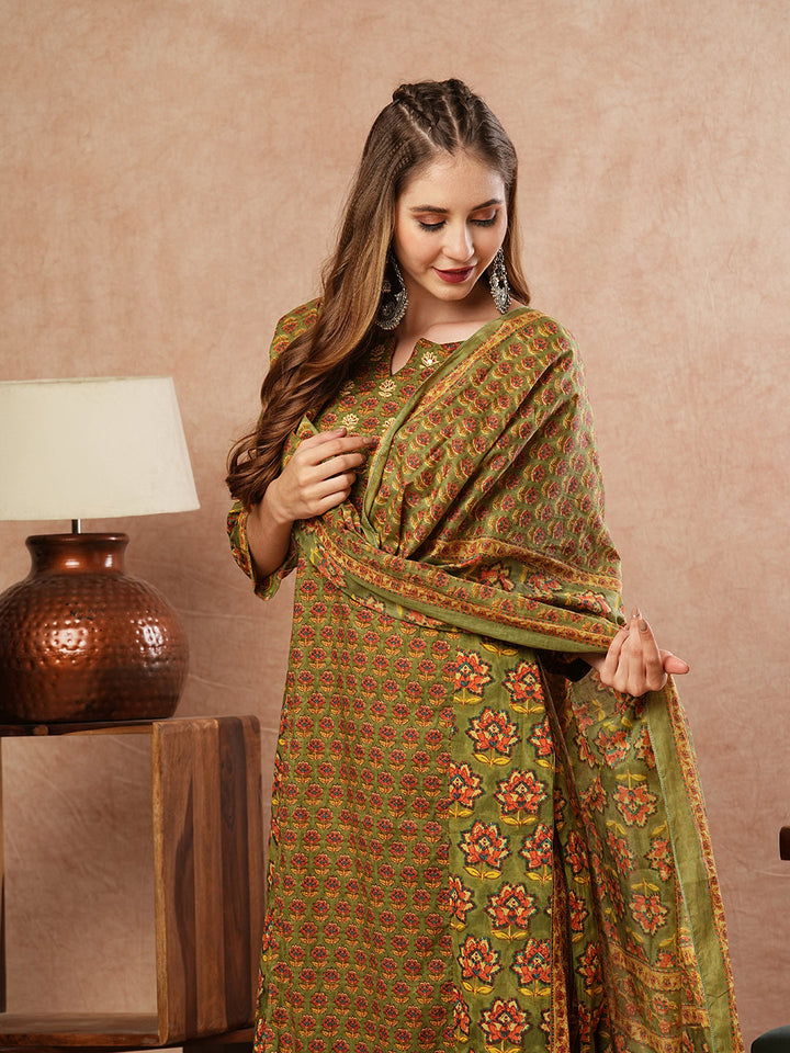 Floral Block Printed Mirror & Resham Embroidered Kurta with Pants & Dupatta - Olive