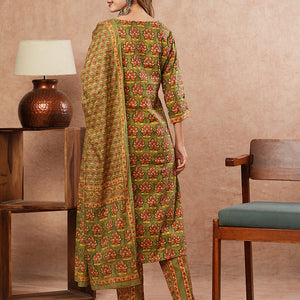 Floral Block Printed Mirror & Resham Embroidered Kurta with Pants & Dupatta - Olive