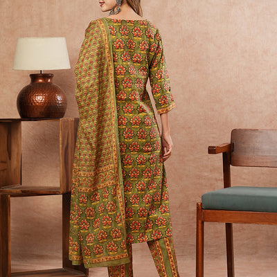 Floral Block Printed Mirror & Resham Embroidered Kurta with Pants & Dupatta - Olive