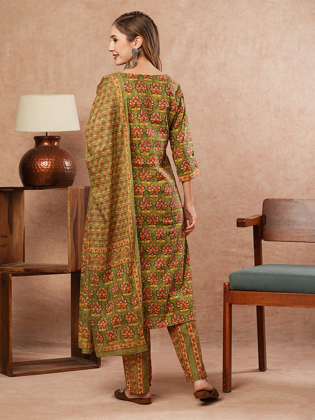 Floral Block Printed Mirror & Resham Embroidered Kurta with Pants & Dupatta - Olive