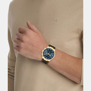 Distinguish Men Quartz Dark Blue Dial Multi-Function Leather Watch 25200445