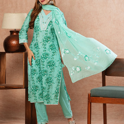 Floral Printed Zari Embroidered Kurta with Pants & Hand Painted Dupatta - Sea Green