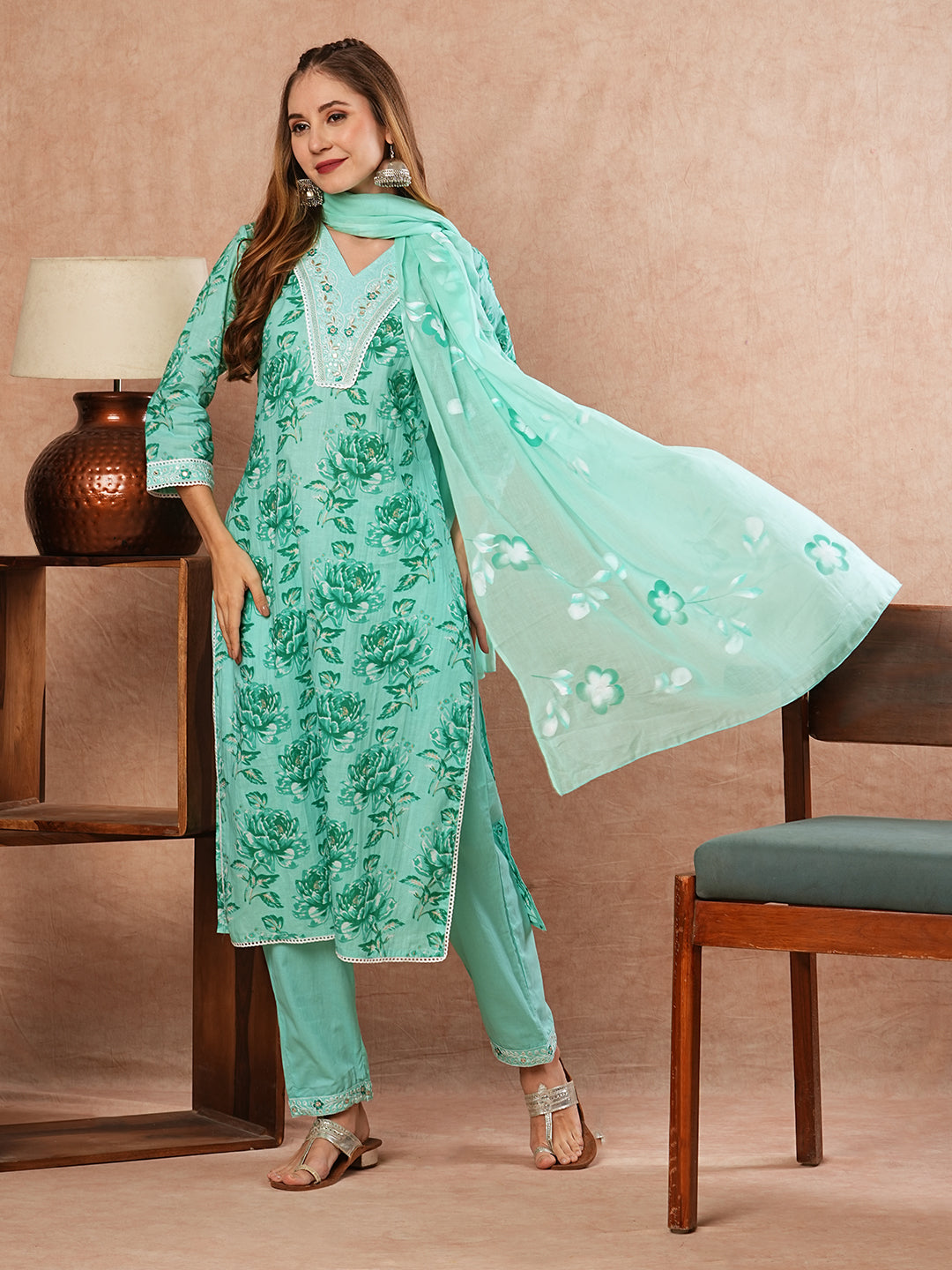 Floral Printed Zari Embroidered Kurta with Pants & Hand Painted Dupatta - Sea Green