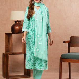 Floral Printed Zari Embroidered Kurta with Pants & Hand Painted Dupatta - Sea Green