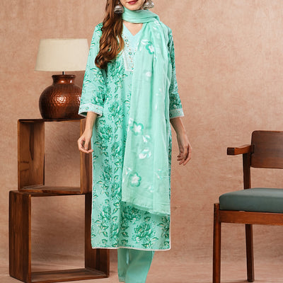 Floral Printed Zari Embroidered Kurta with Pants & Hand Painted Dupatta - Sea Green