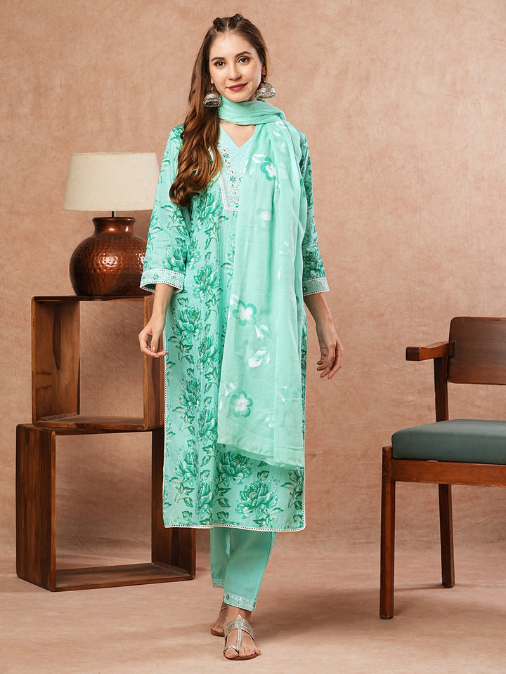 Floral Printed Zari Embroidered Kurta with Pants & Hand Painted Dupatta - Sea Green