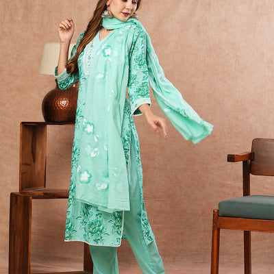 Floral Printed Zari Embroidered Kurta with Pants & Hand Painted Dupatta - Sea Green