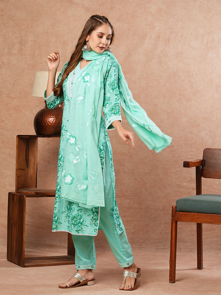 Floral Printed Zari Embroidered Kurta with Pants & Hand Painted Dupatta - Sea Green