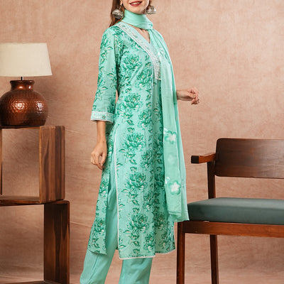 Floral Printed Zari Embroidered Kurta with Pants & Hand Painted Dupatta - Sea Green