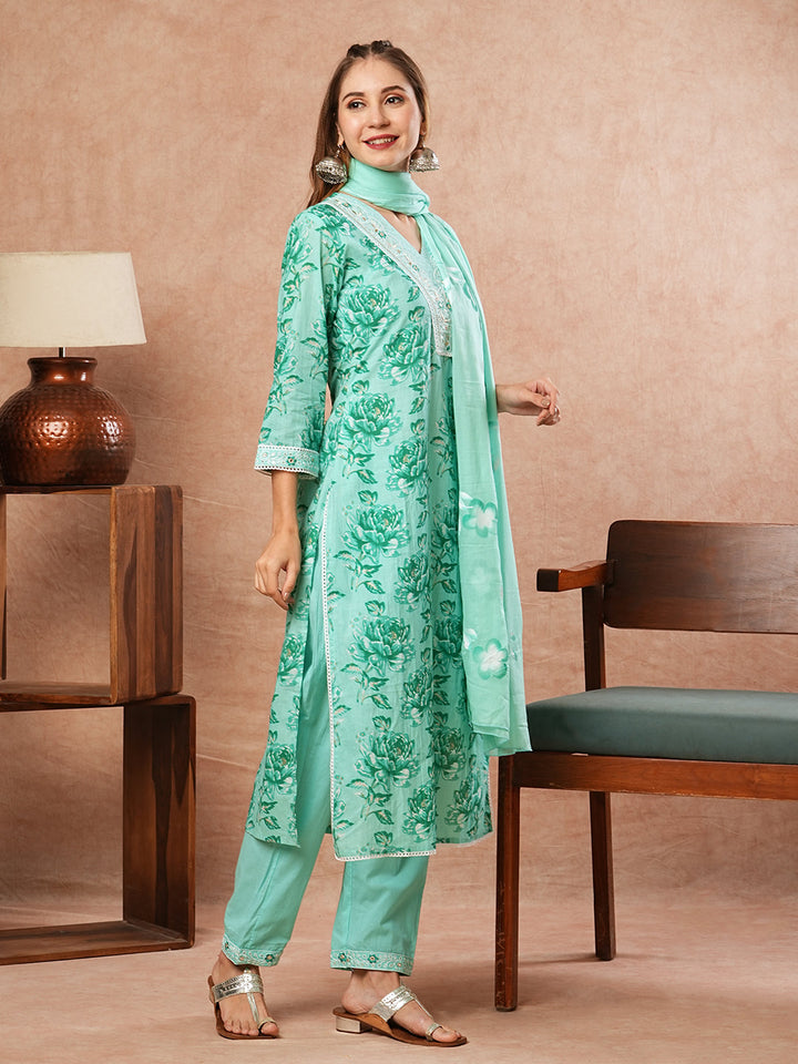 Floral Printed Zari Embroidered Kurta with Pants & Hand Painted Dupatta - Sea Green