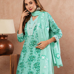 Floral Printed Zari Embroidered Kurta with Pants & Hand Painted Dupatta - Sea Green