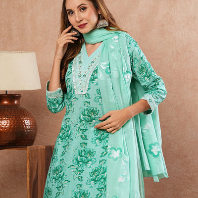 Floral Printed Zari Embroidered Kurta with Pants & Hand Painted Dupatta - Sea Green