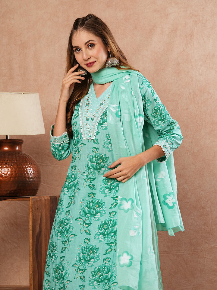 Floral Printed Zari Embroidered Kurta with Pants & Hand Painted Dupatta - Sea Green