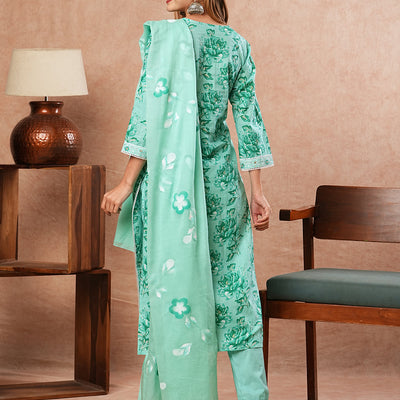 Floral Printed Zari Embroidered Kurta with Pants & Hand Painted Dupatta - Sea Green