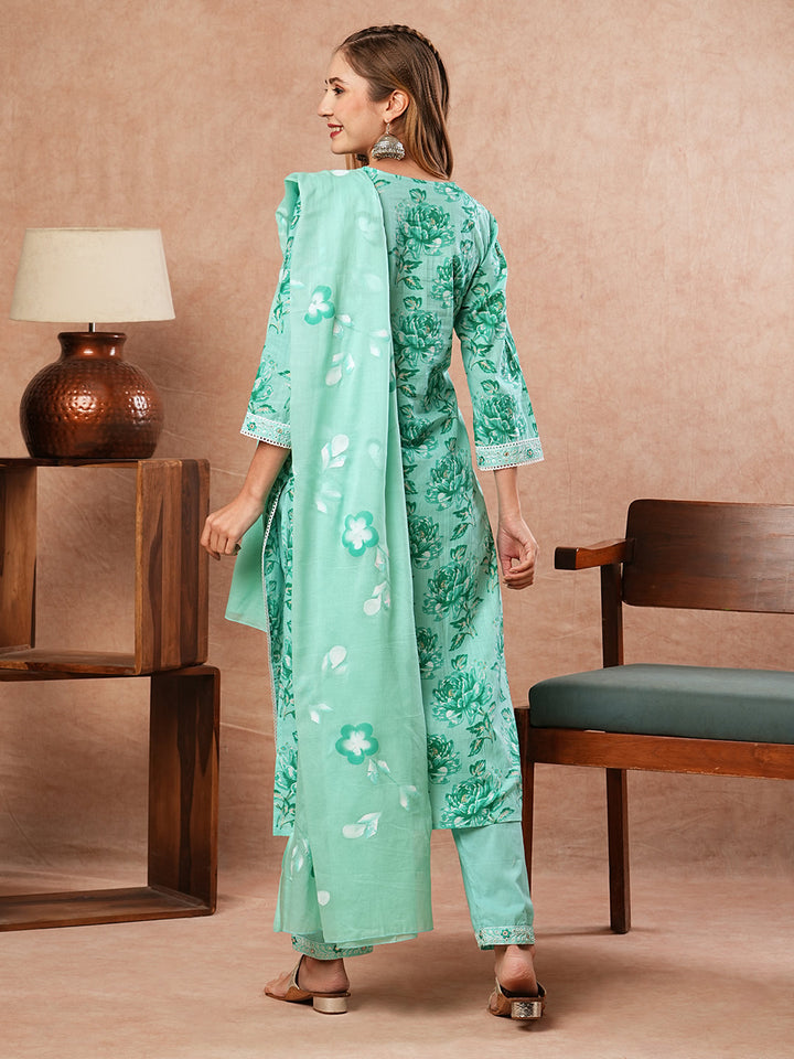 Floral Printed Zari Embroidered Kurta with Pants & Hand Painted Dupatta - Sea Green