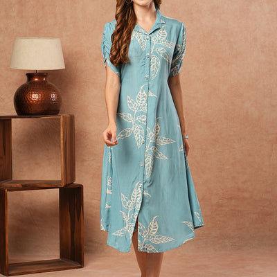 Floral Printed A-Line Midi Dress - Blue