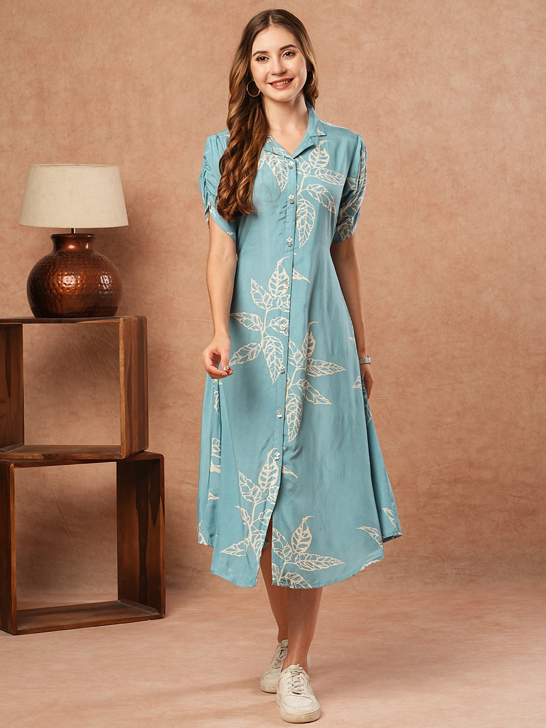 Floral Printed A-Line Midi Dress - Blue