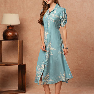 Floral Printed A-Line Midi Dress - Blue