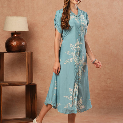 Floral Printed A-Line Midi Dress - Blue