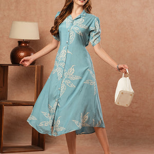 Floral Printed A-Line Midi Dress - Blue