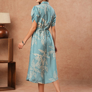 Floral Printed A-Line Midi Dress - Blue