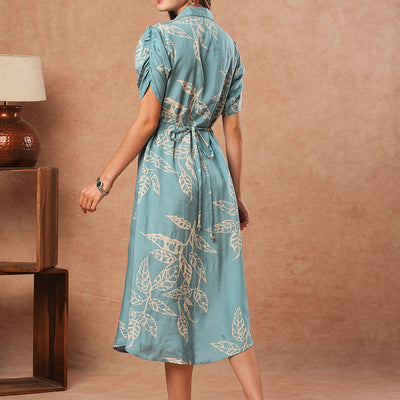 Floral Printed A-Line Midi Dress - Blue