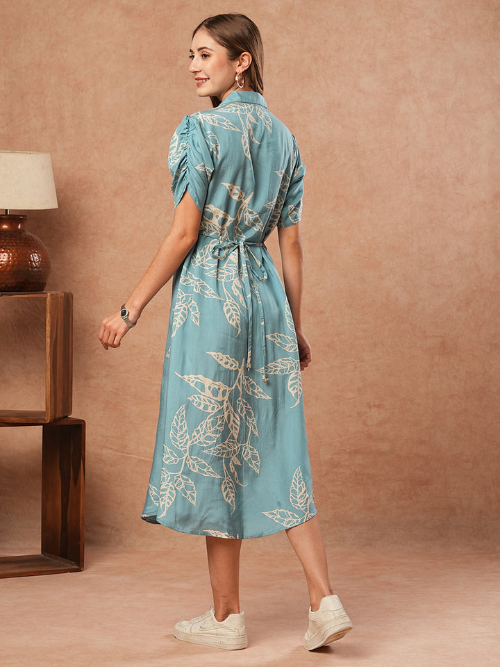 Floral Printed A-Line Midi Dress - Blue