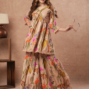 Floral Printed Mirror Embroidered Short Kurti with Sharara Set - Beige-Brown