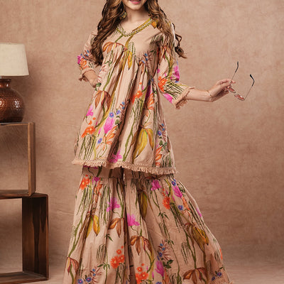 Floral Printed Mirror Embroidered Short Kurti with Sharara Set - Beige-Brown
