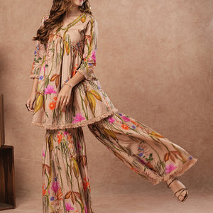 Floral Printed Mirror Embroidered Short Kurti with Sharara Set - Beige-Brown