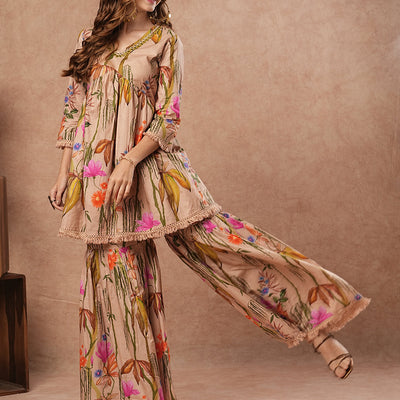 Floral Printed Mirror Embroidered Short Kurti with Sharara Set - Beige-Brown