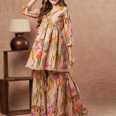 Floral Printed Mirror Embroidered Short Kurti with Sharara Set - Beige-Brown