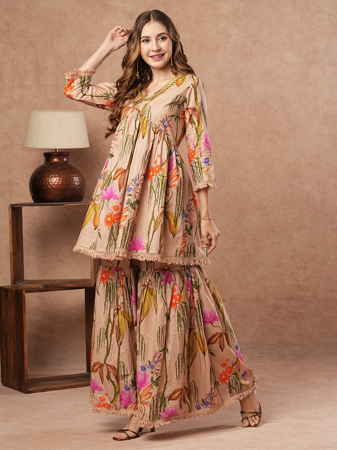 Floral Printed Mirror Embroidered Short Kurti with Sharara Set - Beige-Brown