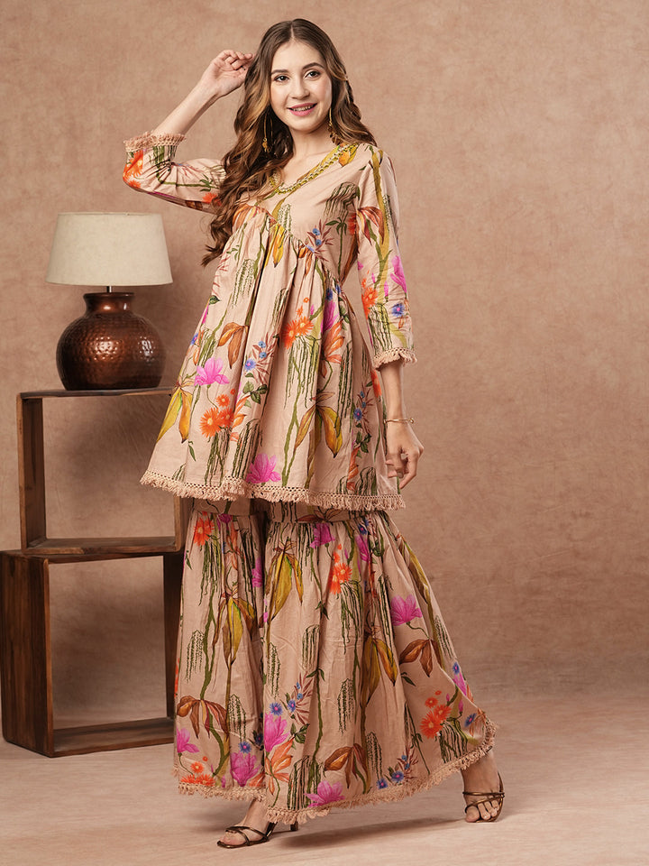 Floral Printed Mirror Embroidered Short Kurti with Sharara Set - Beige-Brown