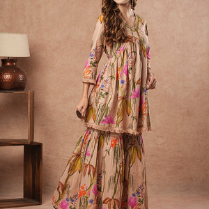 Floral Printed Mirror Embroidered Short Kurti with Sharara Set - Beige-Brown