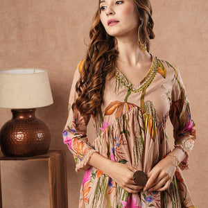 Floral Printed Mirror Embroidered Short Kurti with Sharara Set - Beige-Brown