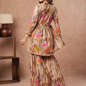 Floral Printed Mirror Embroidered Short Kurti with Sharara Set - Beige-Brown