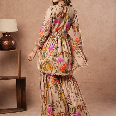 Floral Printed Mirror Embroidered Short Kurti with Sharara Set - Beige-Brown