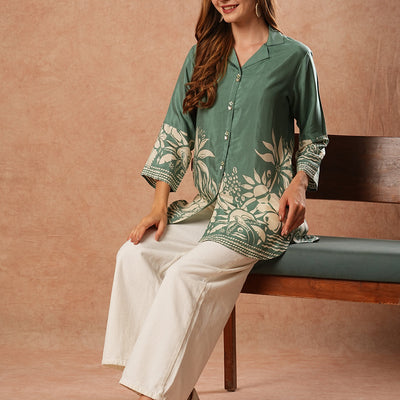 Abstract Floral Printed Straight Fit Kurti - Green