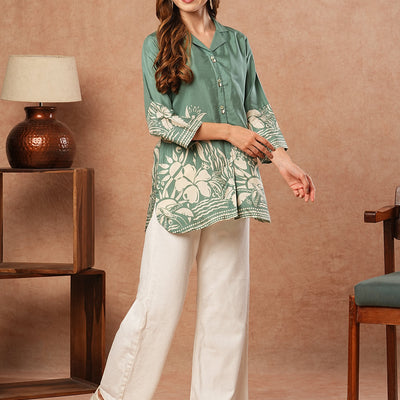 Abstract Floral Printed Straight Fit Kurti - Green