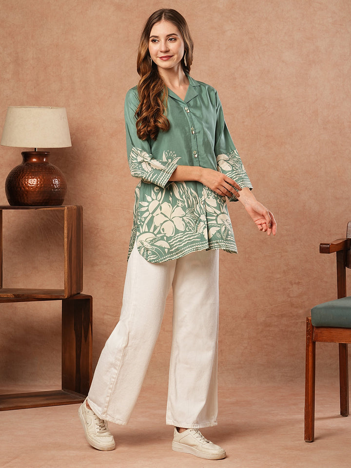 Abstract Floral Printed Straight Fit Kurti - Green