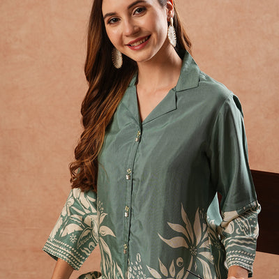 Abstract Floral Printed Straight Fit Kurti - Green