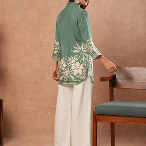 Abstract Floral Printed Straight Fit Kurti - Green