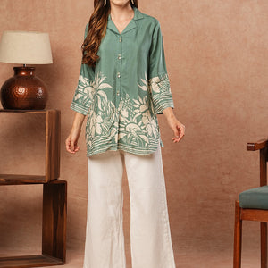 Abstract Floral Printed Straight Fit Kurti - Green