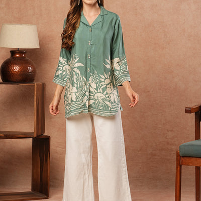 Abstract Floral Printed Straight Fit Kurti - Green