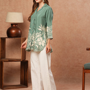 Abstract Floral Printed Straight Fit Kurti - Green
