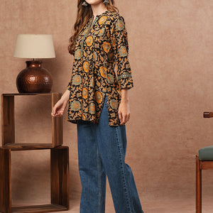 Floral Printed & Mirror Embroidered Straight Fit Kurti - Black