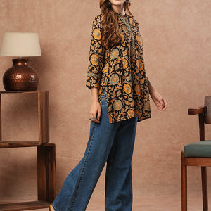 Floral Printed & Mirror Embroidered Straight Fit Kurti - Black