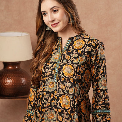 Floral Printed & Mirror Embroidered Straight Fit Kurti - Black