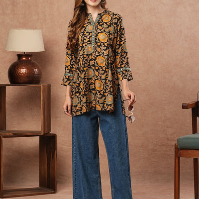 Floral Printed & Mirror Embroidered Straight Fit Kurti - Black